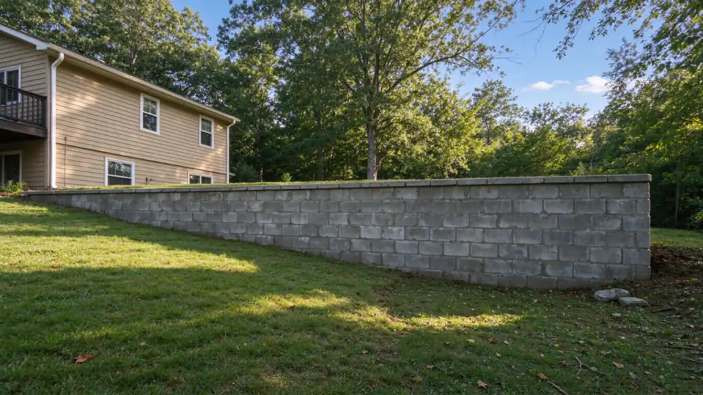 A straight gray segmental block retaining wall about three feet tall separating a level lawn from a lower yard, the back yard of a 1990s two-story house with beige siding in Matthews, North Carolina