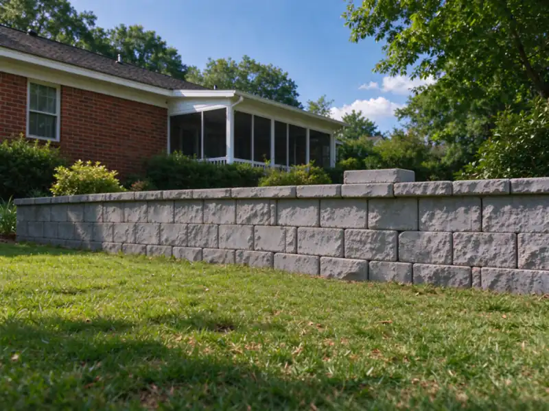The same gray block retaining wall after repair, its face and cap line straight again, beside a red-brick ranch house in Charlotte