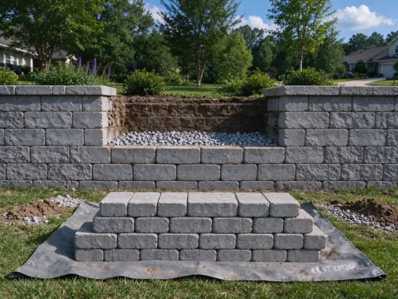 A gray block retaining wall with its top courses lifted off a short section and stacked on a tarp, drainage gravel visible behind, Charlotte area