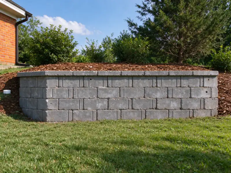 A straight, repaired gray segmental block retaining wall with an even cap line, a narrow bed of fresh brown mulch along the top, Charlotte area