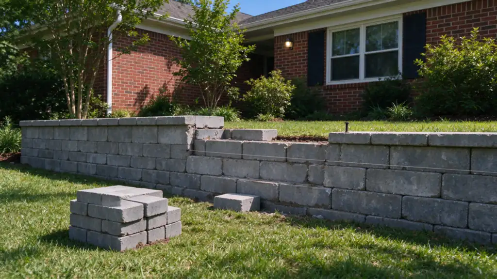A gray segmental block retaining wall about three feet tall in the back yard of a red-brick house in Charlotte