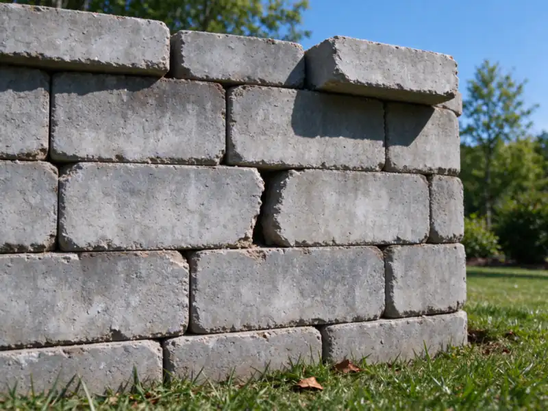 A gray segmental block retaining wall where three cap blocks have shifted out of line and one has slid forward over the edge of the course below, Charlotte area