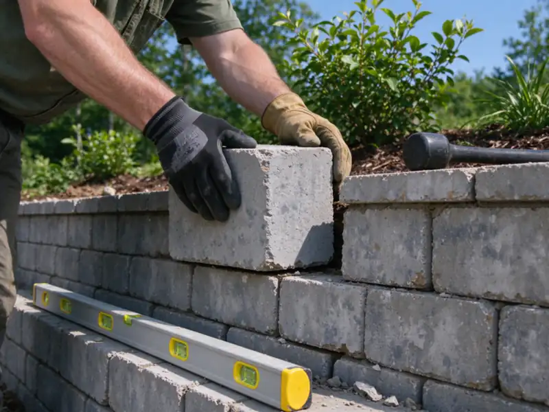 Gloved hands setting a single gray concrete retaining-wall block onto the course below with a black rubber mallet resting on the top of the wall, Charlotte area
