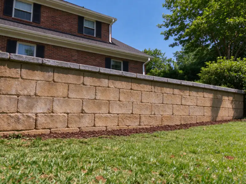 A new straight tan segmental block retaining wall with gray caps where a leaning wall stood, behind a two-story brick house in Charlotte