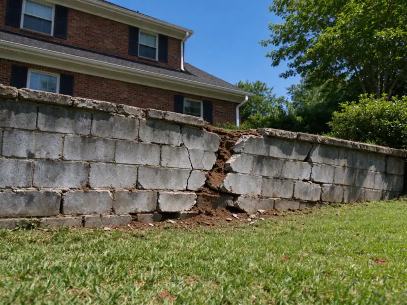An old gray block retaining wall leaning forward with cracked blocks and soil spilling through a gap, behind a two-story brick house in Charlotte
