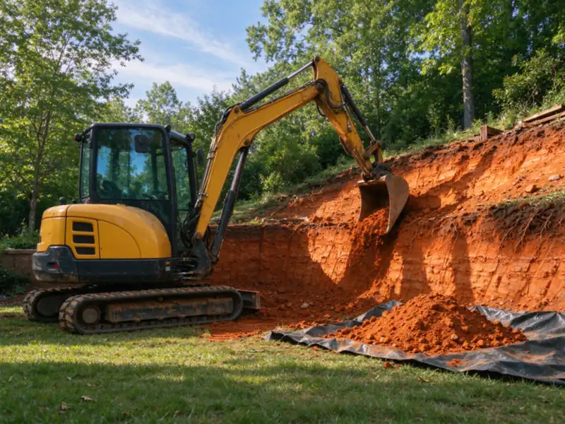 A mini excavator digging a straight cut into red clay where an old retaining wall was removed, Charlotte area