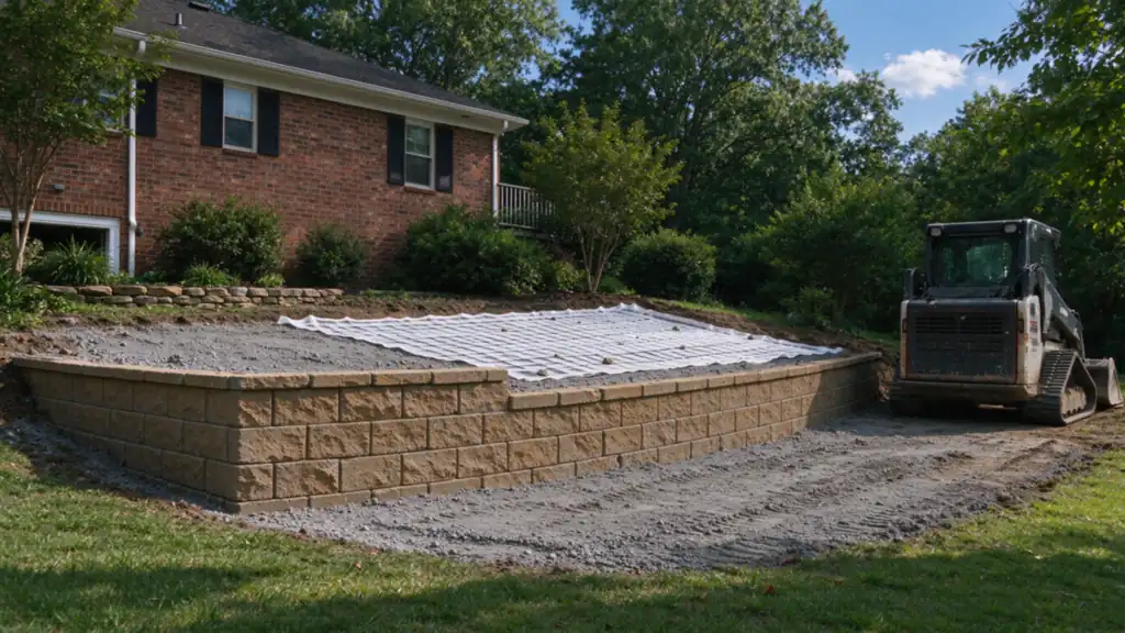A new tan segmental block retaining wall under construction with geogrid laid on compacted backfill behind the lower courses, Charlotte back yard