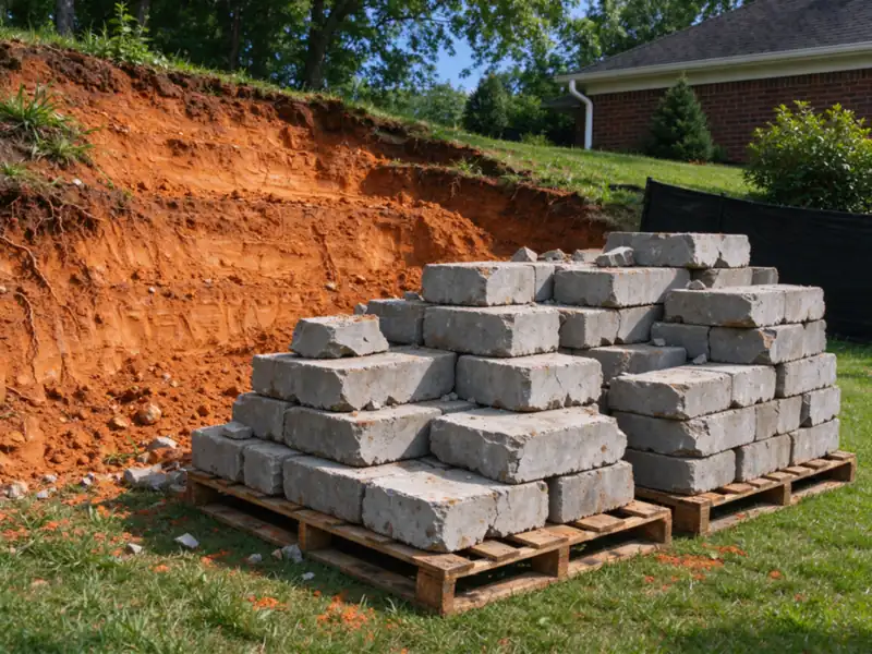 Old broken retaining-wall blocks stacked on pallets beside a dug-out clay slope, Charlotte area