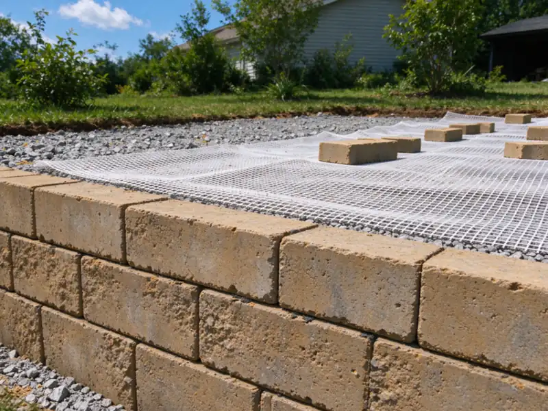 Flat white biaxial geogrid fabric rolled out on a compacted layer of gray crushed-stone fill behind the third course of a new tan block wall, Charlotte area