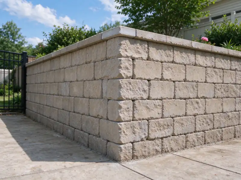 Corner of a segmental block retaining wall where the courses turn ninety degrees using split-face corner units, interlocked course by course, Charlotte area