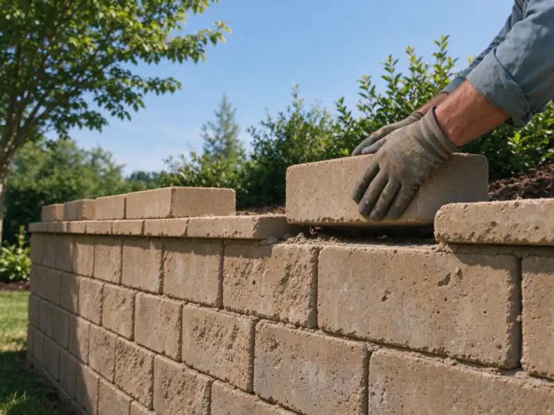 Gloved hands setting a solid flat tan concrete cap unit, about four inches thick, onto the top course of a tan segmental block retaining wall, Charlotte area