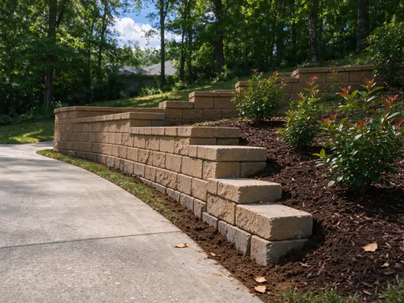 The base course of a segmental block wall stepping down a sloped side yard in even block-height steps, Charlotte area