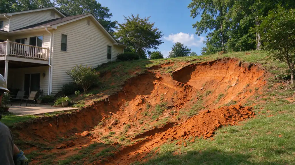 A shallow surface slide on a back-yard slope of red Piedmont clay, with a scarp near the top and loose soil at the toe, behind a house in the Charlotte area
