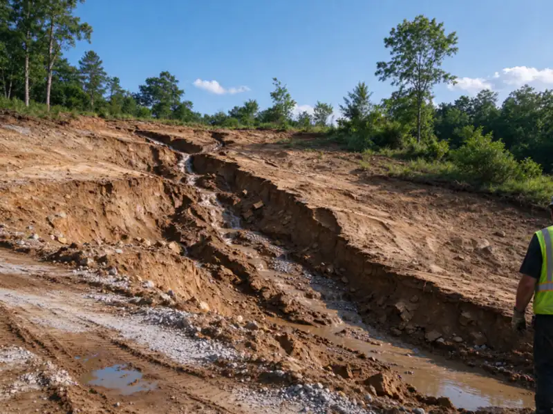 Deep erosion gullies cut into a bare clay slope after heavy rain, Charlotte area