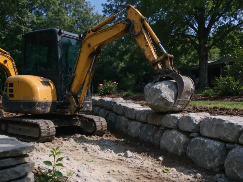 A yellow mini excavator with a thumb attachment setting a large gray boulder onto the first row of a boulder wall, Charlotte area
