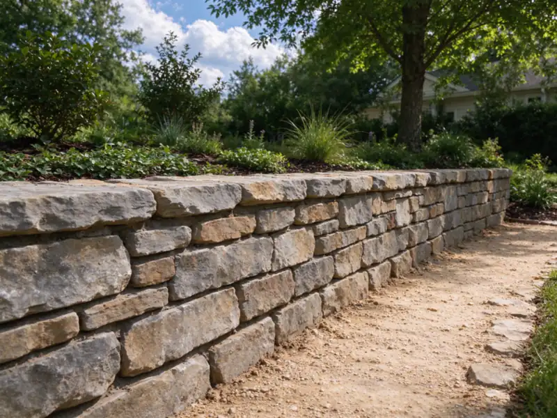 Dry-stacked natural fieldstone retaining wall about two and a half feet tall with flat stones laid in horizontal courses and a slight backward lean, Charlotte area