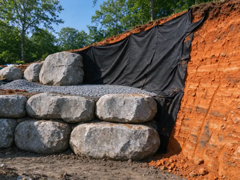 Large boulders, a band of drainage gravel and filter fabric against the clay cut at the end of a boulder wall under construction, Charlotte area