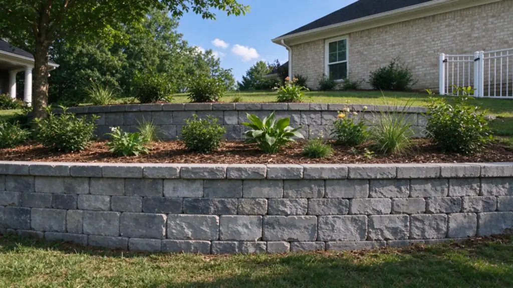 Two tiers of gray segmental block retaining walls, each about three feet tall, stepping up a back-yard slope behind a Charlotte house