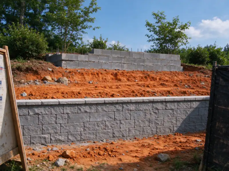 A lower tier of block wall finished with caps, and the upper tier under construction set well back from it, Charlotte area