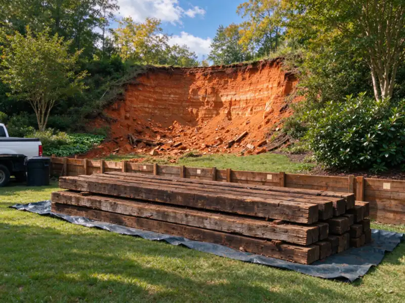 Old timber railroad ties removed from a failed wall stacked on a tarp on the lawn, beside the cut-back orange-red Piedmont clay soil slope, Charlotte area