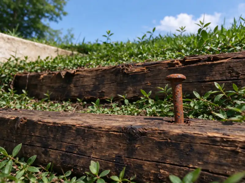 Rotted dark timber retaining-wall ties with crumbling ends and an exposed rusty steel spike, Charlotte area